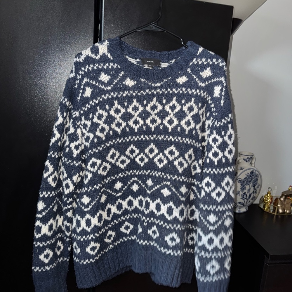 Vince Navy and White Geometric Crewneck Sweater